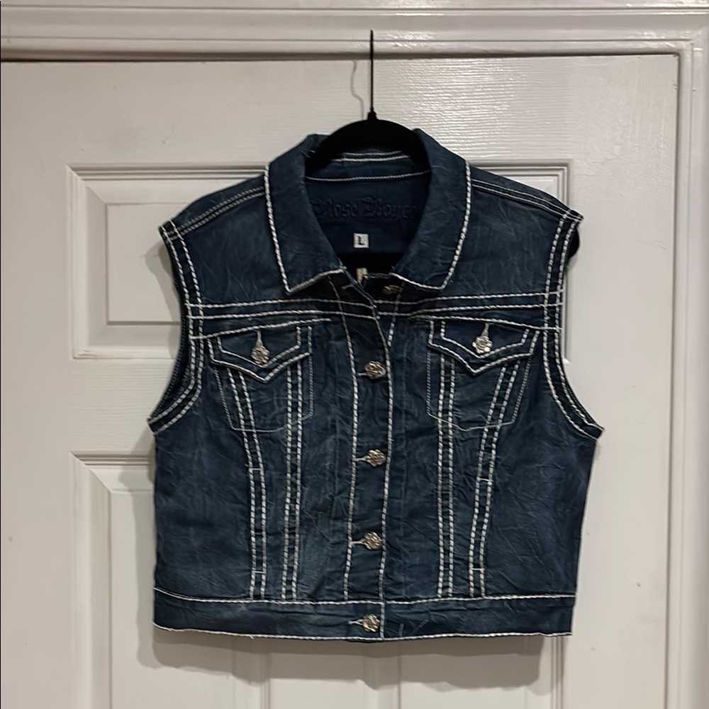 Blue Denim Vest with White Stitching Rose Royce